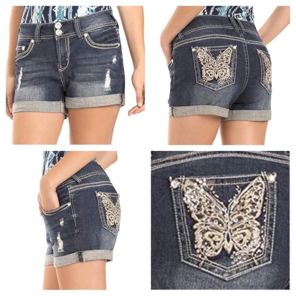NWT WALLFLOWER DENIM Womens 0 Jane Butterfly Bling Embellished Curvy Jean Shorts
